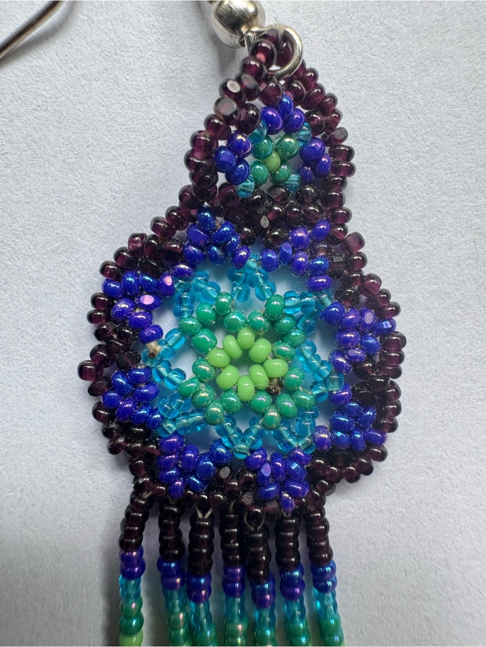 Handmade Blue & Green Beaded Fringe Earrings - Picture 2 of 4